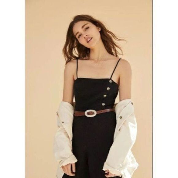 Urban Outfitters UO Straight-Neck Linen Button-Down Jumpsuit Black 0 ~ NWT - Picture 3 of 12
